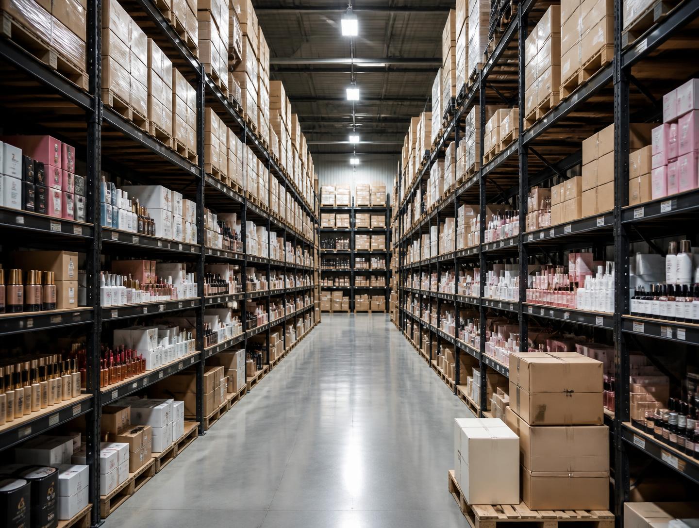 Estoque de distribuidora de cosméticos com prateleiras e caixas alinhadas